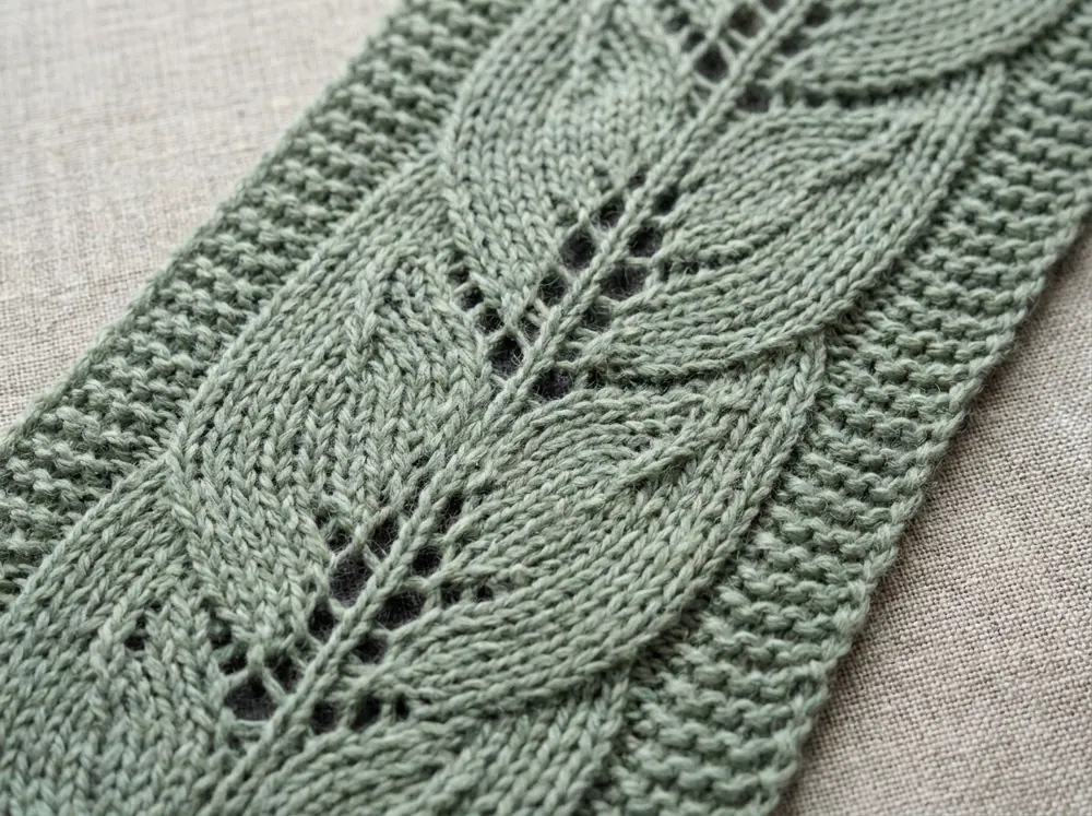 Close view of sage leaf lace and its narrow knitted borders