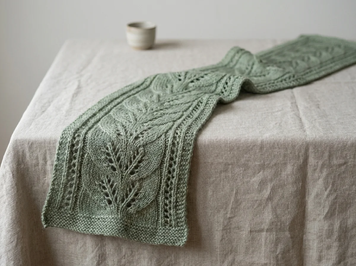 Sage lace scarf styled on an oatmeal linen table